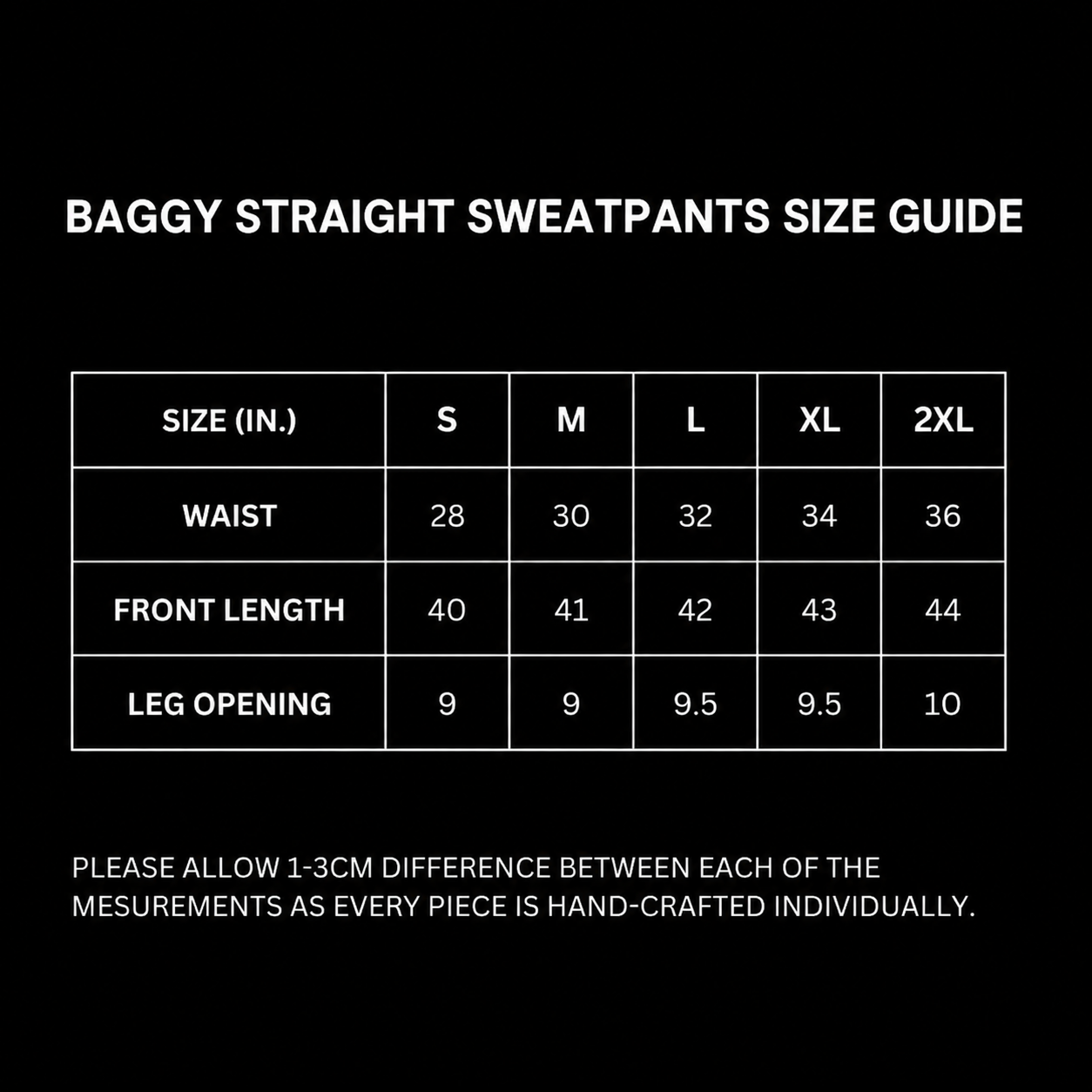 350 GSM ‘Navy’ Baggy Straight Sweatpants size chart