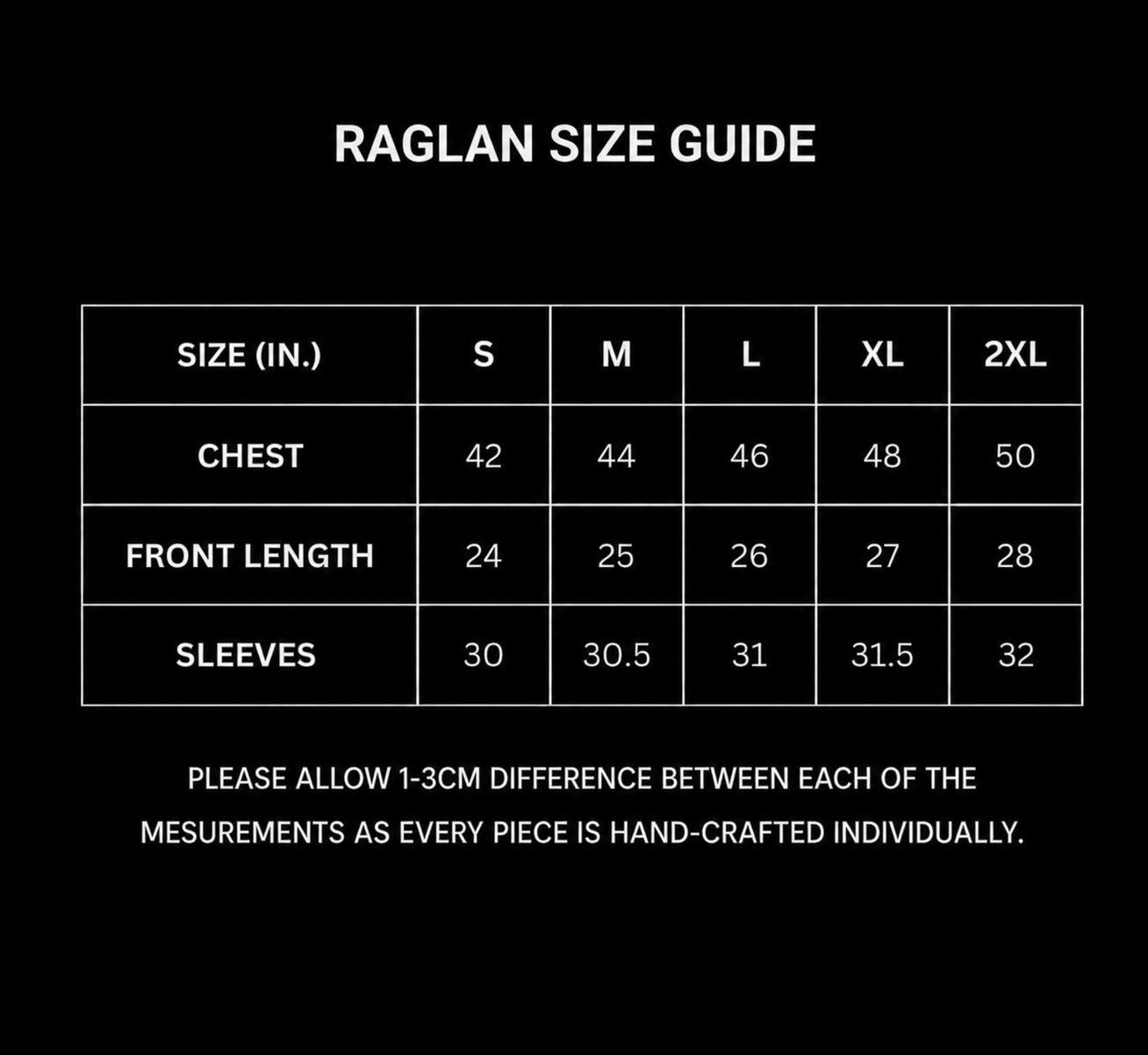 300 GSM ‘Oat & Burgundy’ RAGLAN TEE size chart